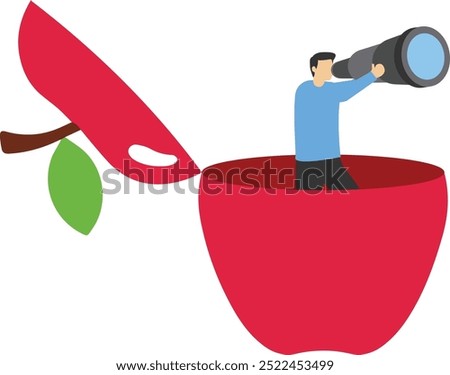 Businessman open fruit apple and looking using binoculars to see business vision. Searching for success concept. Flat vector illustration

