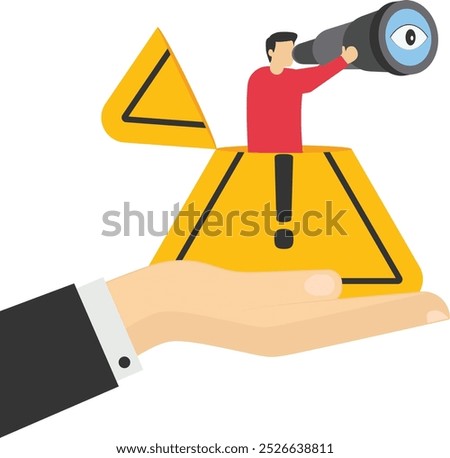 Big hand holds businessman open exclamation attention sign using binoculars to see identify risk or critical failure concept. Vector illustration

