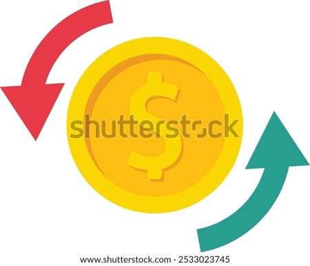 Cost of dollar with arrow down and up. Coin of dollar with loss or growth. Vector illustration

