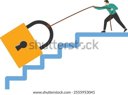 Businessman pulling heavy big lock up stair case. The data is securely protected. Flat modern vector illustration

