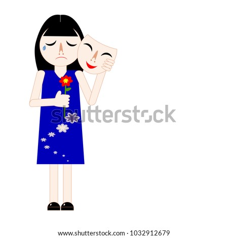 Woman hiding sorrow face under smiling mask. Lady take off mask and express real feeling. Concepts of broken heart, social expression, Bipolar or Major Depressive Disorder (MDD). Vector illustration.