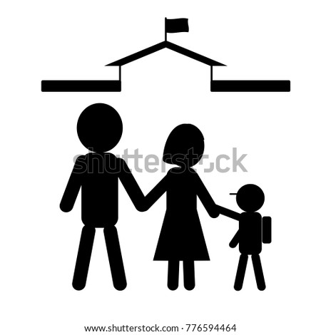 Simple icon of family in black colour; symbol of child going to school with parents. Isolated on white background. Flat design for use in website, logo, app, UI, art. Vector illustration, EPS 10.