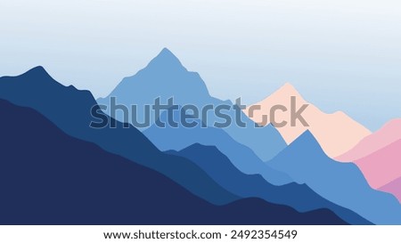 Minimalist vector illustration of layered mountains in shades of blue and pink, creating a serene and abstract landscape perfect for backgrounds and wallpapers.