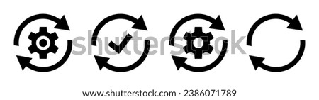 Sync process icon set. Sync processing icons. Circle arrow with gear wheel. Vector