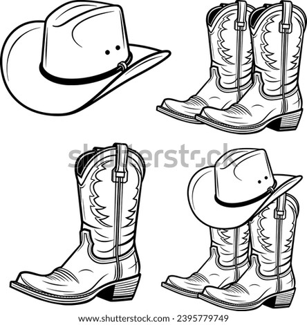 Cowboy Boots Bundle, Cowboy Boots Hand-Drawn, Rodeo, Ranch, Cowboy Hat, Western Boots, Boots Silhouette