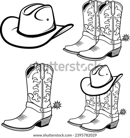 Cowboy Boots Bundle, Cowboy Boots Hand-Drawn, Cowboy Hat, Western Boots, Boots Silhouette, Rodeo, Ranch, Cowboy Hat, cowgirl boot