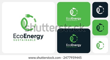 Renewable energy vector logo design of leaf and electric plug in modern, simple, clean and abstract style.