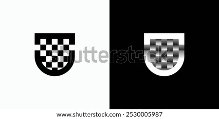 Vector logo design of initial letter U in shield shape with checkered flag motif in modern, clean and abstract style. Icon for business, security and personal branding.