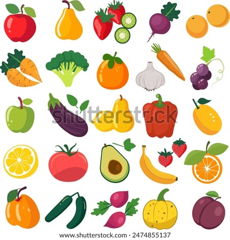 Fruits and vegetables collection. Illustration in flat style. Cute colorful vector illustration template with different types of fruits and vegetables