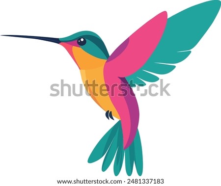 Exotic tropical bird - hummingbird, parrot. Vector illustration in flat design.  Fauna of South America. Flying colorful bird for icons, posters, childrens books. Jungle bird