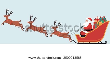 Santa Claus on Sleigh and His Reindeers Isolated on White Background. Vector illustration in flat style