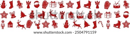 Christmas elements set icons design. Christmas collection of bells, santa, deer, angel, nutcracker, cookies, showman, snowstar, drums, mitten, candy, sock, tree