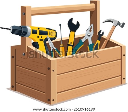 Wooden toolbox full of equipment: drill, hammer, pliers, spanner, screwdriver. Flat style vector illustration isolated on white background.