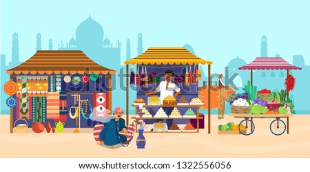 Vector illustration of Asian market with different shops and people. Elephant rider, Taj Mahal silhouette, souvenir shop, sweets shop, pottery, carpets, fabrics, vegetables, man smoking hookah.