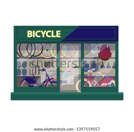 Vector  illustration of bike shop exterior. Shop showcase with bicycles and sport equipment. Flat style.