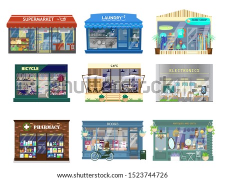 Vector set of shop buildings. Supermarket, laundry, surf shop, bikes, cafe, electronics, pharmacy, books, antiques and gifts. Store showcase. Flat illustration.