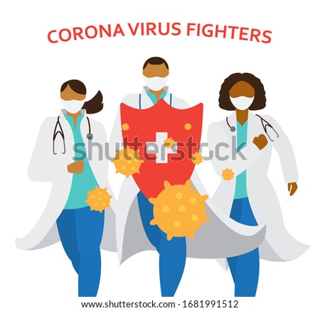 Doctors in masks and uniform holding big shield fighting corona virus. Different races medecine workers running. Vector illustration.