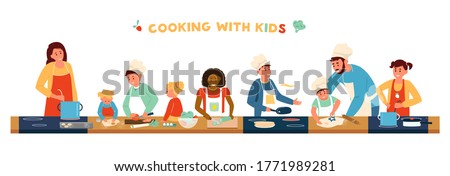 Cooking With Children Horizontal Banner. Different age and race children In Aprons And Chef Hat Cooking With Adults. Making soup, Pancakes, Salad, Baking. Kids Cooking Class. Flat Vector Illustration.