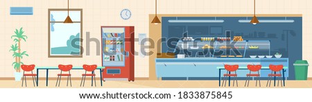 School Canteen Interior Horizontal Background. Kitchen, Vending Machine, Trash Can, Tables With Chairs, Menu, Hand Sanitizer. Flat Vector Illustration.