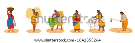 Vector Set Of Indiam Women Working. Harvesting Cotton, Chili Pepper, Corn, Wheat, Picking Tea Leaves, Plowing. Traditional Agriculture. Isolated On White.