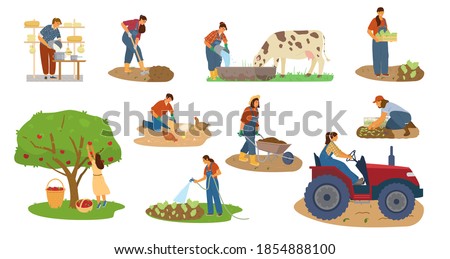 Vector Set Of Women Farmers Working. Harvesting, Digging, Watering, Feeding Cattle, Making Cheese, Driving Tractor.