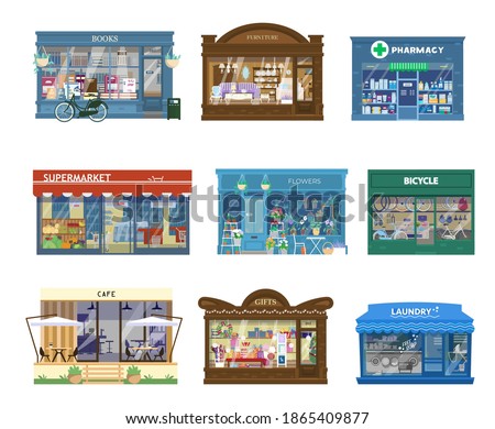 Vector Collection Of Shops Buildings Exteriors. Showcases With Goods. Book Shop, Furniture Shop, Pharmacy, Supermarket, Flower Shop, Bicycle, Cafe, Gift Shop, Laundry. Isolated On White.