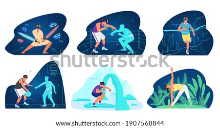 VR For Sport And Training People Vector Set. Men And Women In VR Headset Exercising And Doing Sports In Cyberspace Emulation. Playing, Running, Boxing, Yoga, Basketball, Fighting.