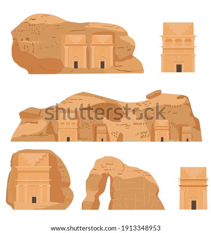 Hegra Saudi Arabia Ancient Village Vector Illustrations Set. AlULa, Mada'in Saleh, Elephant Rock, Qasr al-Farid, Tombs.  