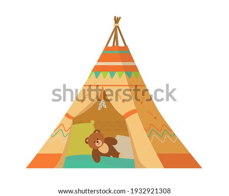 Wigwam With Pillows And Teddy Bear Inside Flat Vector Illustration. Kids Room Interior Element. Isolated On White.