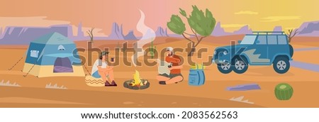 Desert camp with tourists near campfire flat vector panorama landscape. Couple man and woman travelling in desert by off road car. 