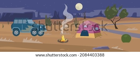 Desert night camp panorama flat vector illustration. Tent and off road car near campfire.  