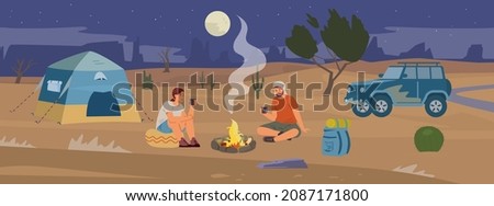 Night desert camp with tourists drinking tea near campfire flat vector panorama landscape. Couple man and woman travelling in desert by off road car. 