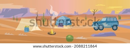 Desert camp panorama flat vector illustration. Tents and off road car near campfire.  