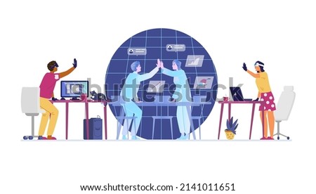 Colleagues working from home meeting in metaverse flat vector illustration. Hologram man and woman giving high five in virtual office room. Modern technologies for business.