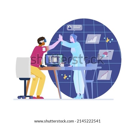 Colleagues working on project in metaverse flat vector illustration. Man and hologram woman giving high five in virtual office room. Modern technologies for business.