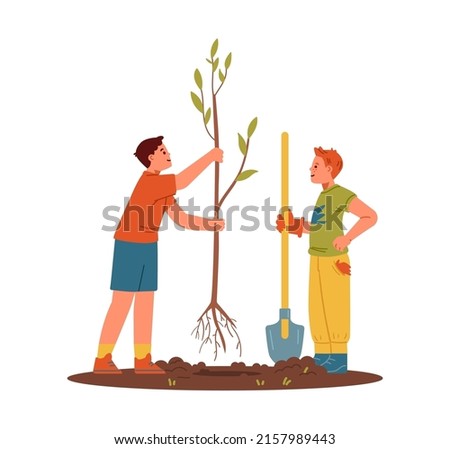 Two boys planting tree flat vector illustration isolated on white. 