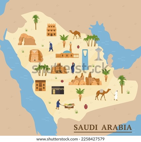 Saudi Arabia map with landmarks, traditional and modern buildings, beduin with camel, authentic people, palms vector illustrations. 