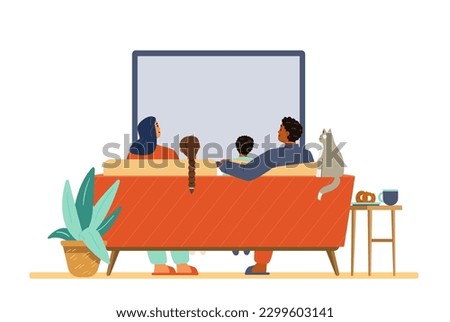 Multiracial family with two kids and a cat watching TV together sitting on the couch flat vector illustration. View from the back.