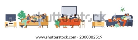 Different families with kids and pets watching TV together on the sofa vector illustrations set.