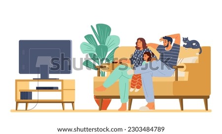 Family with a cat watching TV together sitting on the couch flat vector illustration. Parents with little daughter watching video.