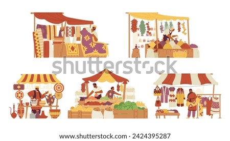 Vector set of exotic street shops with sellers in flat style. Carpets, ceramics, spices and herbs, clothes, fruits and vegetables street stalls.