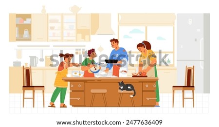 Parents with two children boy and girl cooking together in the kitchen falt vector illustration. Family spending time together at home.