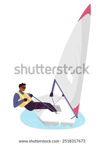 African American man in lifejacket sailing on keelboat flat vector illustration isolated on white.