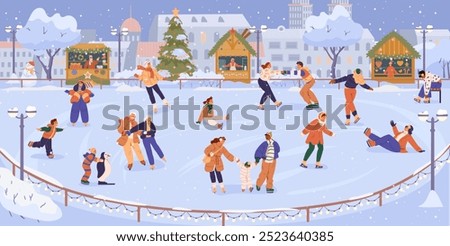 Outdoor ice rink with lots of different people skating with Christmas fair and cityscape at the background flat vector illustration. 