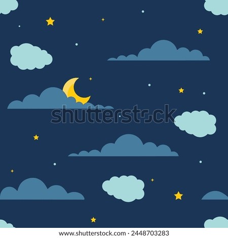 Night sky with stars, moon, clouds. Vector seamless pattern, celestial texture
