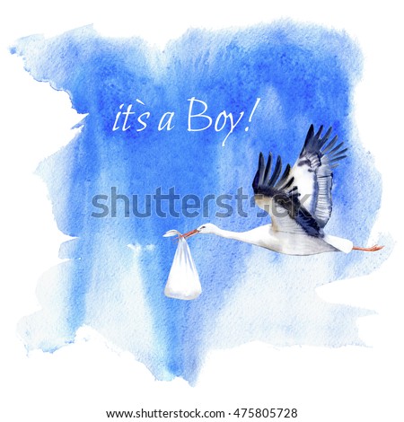 Stork with baby.Postcard newborn baby boy.Watery background.Watercolor hand drawn illustration.