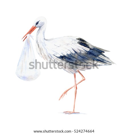 Stork with baby.Newborn picture.Watercolor hand drawn illustration.