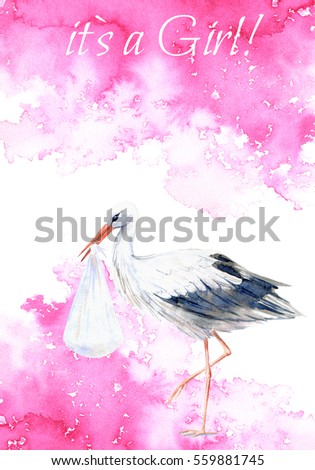 Stork with baby. Postcard newborn baby girl. Watery background. Watercolor hand drawn illustration
