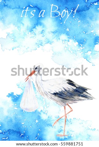 Stork with baby.Postcard newborn baby boy.Watery background.Watercolor hand drawn illustration