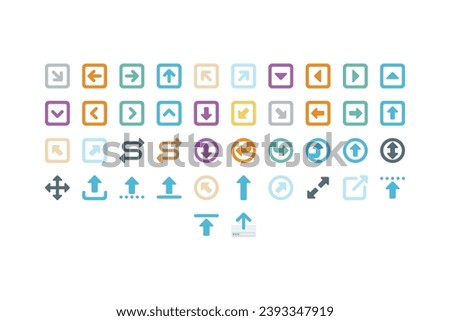 A set of colorful flat design arrows icons and squares on a white background. The arrows are all different shapes and sizes, including up, down, left, right, and curved arrows
